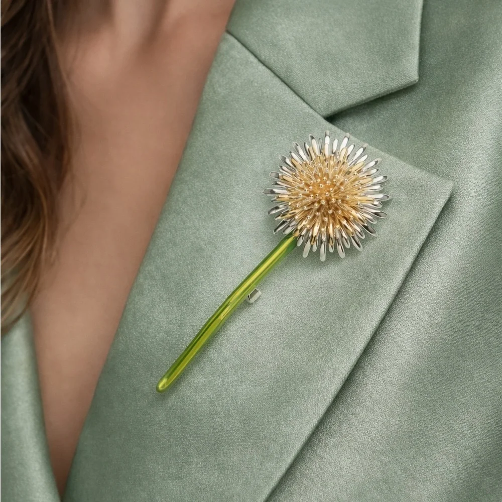 Dandelion Silver Gold Stem Brooch